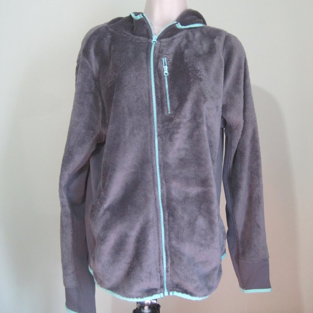 SO Faux Fur Gray/Green Trim Metro Zip Up Jacket With Sherpa Hood Size X-Large